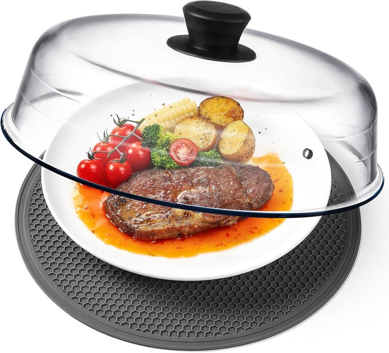 Snuvid 2 in 1, Glass Microwave Splatter Cover for Food & Microwave Place Mat, Plate Splatter Guard Lid with Easy Grip Silicone Handle Knob, Borosilicate Glass with Vent Hole, Food Grade, No Plastic, 10in - Image 1